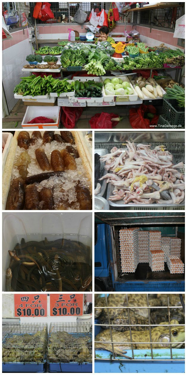 Det kinesiske marked med madvarer i Chinatown i Singapore