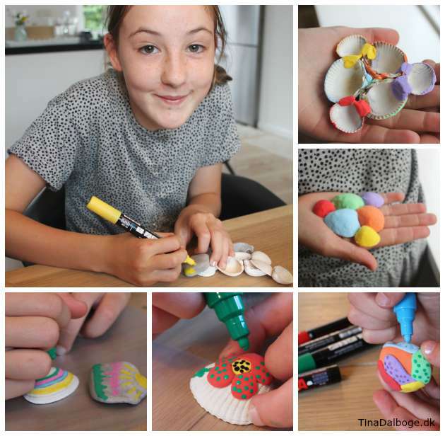 Muslingeskaller/sten + Silk Clay + Posca tuscher = kreativ aktivitet for børn