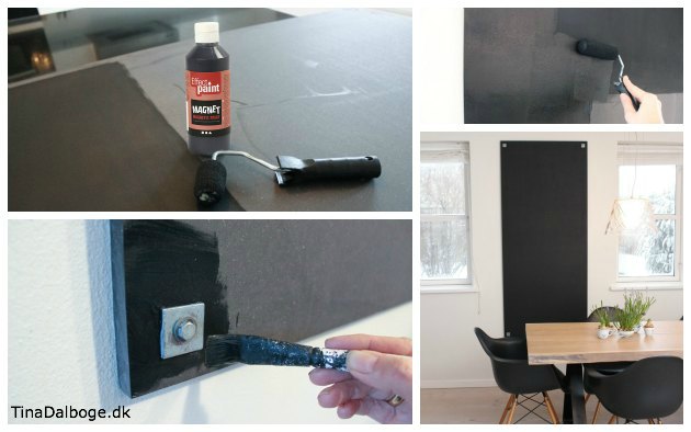 Magnetmaling og tavlemaling malet på en plade der blev hængt op på væggen i stuen. Idé fra Tina Dalbøges kreative blog - maling fra Kreahobshop.dk