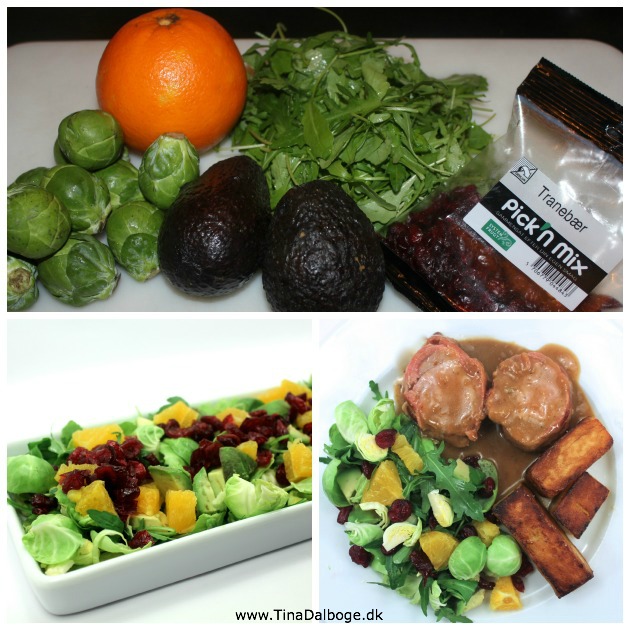 Salat med rucula, rosenkål, appelsin, avokado og tranebær