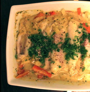 torsk med estragon, gurkemeje, pasta og grøntsager