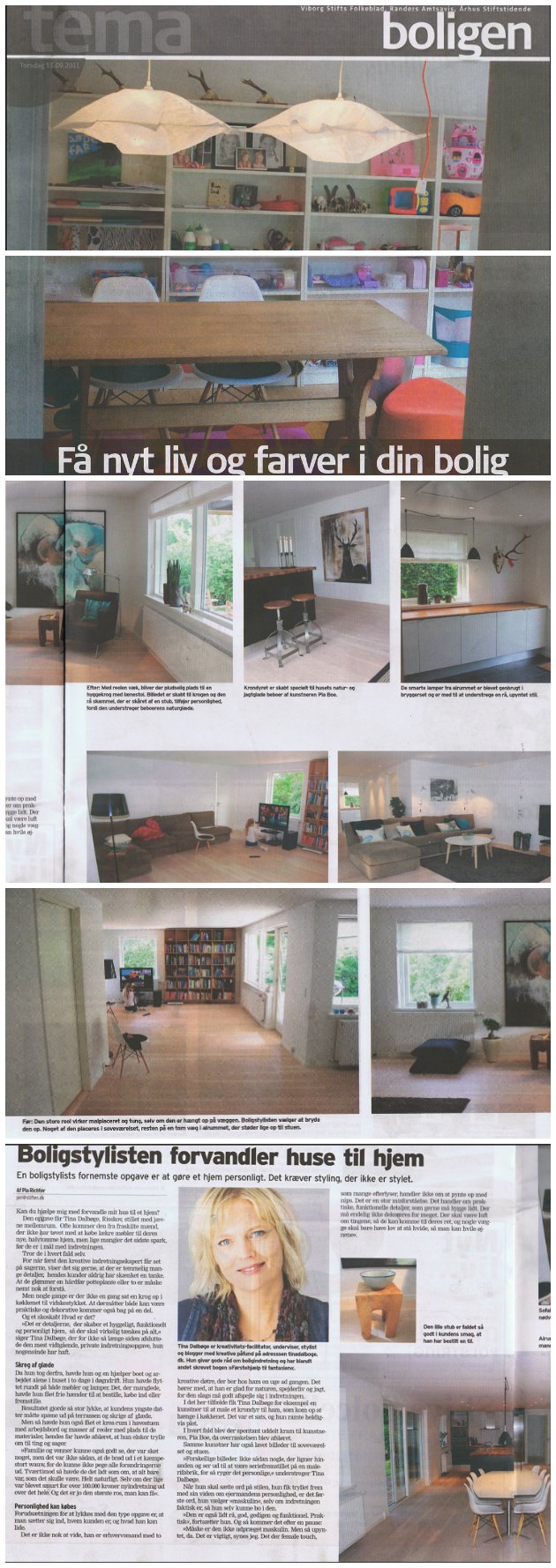 boligstylist Tina Dalbøges opgave med før og efterbilleder på en indretningsopgave i en avisartikel
