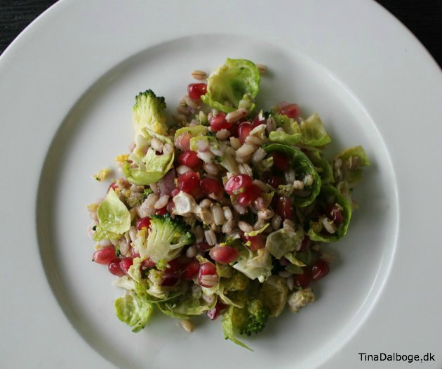 sund salat med broccoli, granatæblekerner, rosenkål, perlebyg og feta
